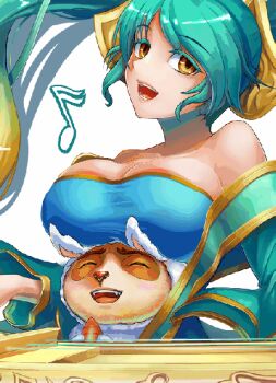 1boy 1girl animated animated_gif bare_shoulders bouncing_breasts breast_rest breasts chan_qi_(fireworkhouse) chanseven harp huge_breasts instrument league_of_legends looking_at_viewer musical_note simple_background sona_(league_of_legends) teemo white_background