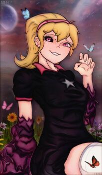 1girl alien ben_10 ben_10:_omniverse blonde_hair bug butterfly flower highres insect lucy_mann melting monster_girl mud planet sheepblack11 slime_girl transformation