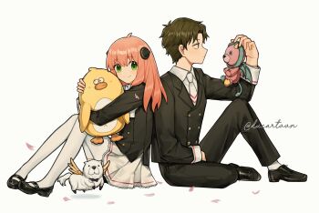 Rule 34 | 1boy, 1girl, aged up, anya (spy x family), black hair, black jacket, black pants, black shirt, black shoes, bond (spy x family), cardcaptor sakura, closed mouth, damian desmond, director chimera (spy x family), ducartoon, green eyes, hairpods, highres, jacket, long hair, long sleeves, necktie, pants, pink hair, school uniform, shirt, shoes, skirt, smile, spy x family, stuffed animal, stuffed duck, stuffed toy, thighhighs, tomoeda elementary school uniform, white background, white necktie, white skirt, white thighhighs, yellow eyes