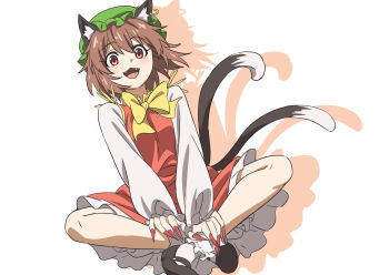 1girl :3 animal_ears black_shoes bow bowtie brown_eyes brown_hair cat_ears cat_girl cat_tail chen commentary_request fangs fingernails full_body gyouza_(mhea5724) hat highres long_fingernails long_sleeves multiple_tails parted_lips red_nails red_skirt red_vest shirt shoes sitting skirt smile socks solo tail touhou two_tails vest white_shirt white_socks yellow_bow yellow_bowtie
