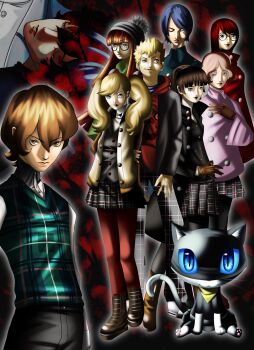 4boys 5girls akechi_goro amamiya_ren arms_behind_back beanie black-framed_eyewear black_coat black_jacket black_lips black_pants black_pantyhose black_skirt blonde_hair blue_coat blue_eyes blue_hair blue_vest blunt_bangs boots braid braided_base brown_boots brown_cardigan brown_eyes brown_gloves brown_hair buchaball buttons cardigan casual closed_eyes coat commentary double-breasted dress_shirt english_commentary everyone eyelashes gloves green_scarf grey_hat hair_between_eyes hand_on_own_arm hand_on_own_chest hat highres hood hoodie jacket kazuma_kaneko_(style) kitagawa_yusuke long_hair looking_at_viewer looking_to_the_side morgana_(persona_5) multiple_boys multiple_girls niijima_makoto okumura_haru open_cardigan open_clothes orange_hair pants pantyhose persona persona_5 persona_5_the_royal pink_coat plaid_clothes plaid_pants plaid_skirt plaid_sweater_vest pleated_skirt pom_pom_(clothes) pom_pom_beanie red_coat red_eyes red_hair red_hoodie red_pantyhose sakamoto_ryuji sakura_futaba scarf school_uniform shirt short_hair shuujin_academy_school_uniform skirt sweater_vest takamaki_ann turtleneck twintails vest white_shirt yoshizawa_kasumi
