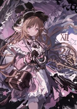 1girl absurdres animal_ears arknights black_gloves black_hat bow bowtie brown_bag brown_hair dot_nose dress eyjafjalla_(fluffy_little_witch)_(arknights) gloves hair_spread_out hat highres holding holding_umbrella horns laoshi_wo_hao_e long_hair long_sleeves looking_at_viewer parasol pink_bow pink_bowtie pink_dress pink_eyes sanrio sheep_ears sheep_girl sheep_horns smile solo split_mouth star_(symbol) top_hat umbrella white_horns