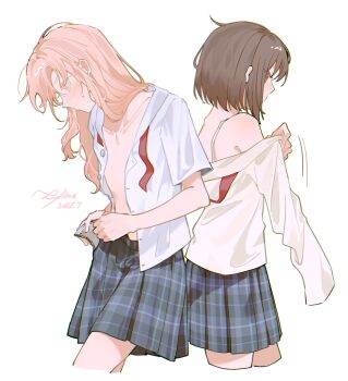 1girl 1other akiyama_mizuki black_skirt blush bow bowtie bra_strap brown_hair dressing hair_down highres kyline long_hair long_sleeves pink_hair plaid_clothes plaid_skirt pleated_skirt project_sekai red_bow red_bowtie school_uniform shinonome_ena shirt short_hair short_sleeves simple_background skirt unbuttoned unbuttoned_shirt undone_bowtie white_background white_shirt