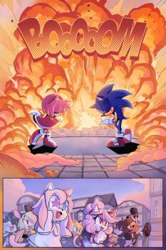 2koma amy_rose blue_fur blue_hair building cat celebration city comic dog dress explosion giugabs gloves greeting hairband happy hedgehog highres idw_publishing multiple_boys multiple_girls pink_fur pink_hair salute sega shoes socks sonamy sonic_(series) sonic_the_hedgehog sonic_the_hedgehog_(idw) spiked_hair sunset wolf