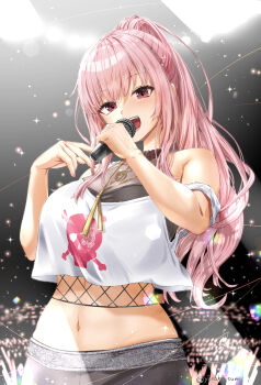 1girl absurdres black_pants breasts commentary highres holding holding_microphone hololive hololive_english large_breasts long_hair looking_at_viewer microphone mori_calliope mori_calliope_(streetwear) nail_polish navel official_alternate_costume official_alternate_hairstyle open_mouth pants pink_nails ponytail red_eyes shirt solo u_da_desu virtual_youtuber white_shirt