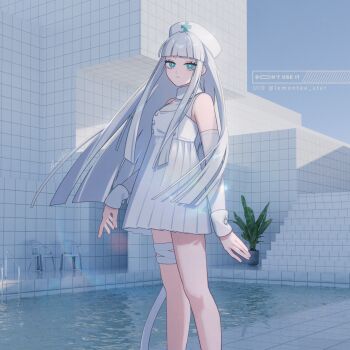 1girl 3d_background bandaged_leg bandages blue_eyes blunt_bangs blunt_ends building chair detached_sleeves dress empire_waist expressionless floating_hair hat highres lemontea liminal_space long_hair looking_to_the_side mixed_media nurse nurse_cap original outdoors plant pool potted_plant sana_(lemontea) short_dress sleeve_cuffs solo stairs white_dress white_hair