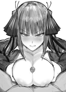 1girl blush breasts large_breasts monochrome paizuri