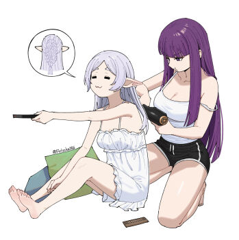 2girls =_= bare_shoulders barefoot blunt_bangs braid breasts camisole chinese_commentary cleavage commentary_request controller cushion elf fatzhai fern_(sousou_no_frieren) frieren grey_hair hair_dryer highres holding holding_hair_dryer holding_remote_control kneeling large_breasts long_hair multiple_girls parted_bangs pointy_ears pout purple_eyes purple_hair remote_control shorts sitting smile sousou_no_frieren strap_slip