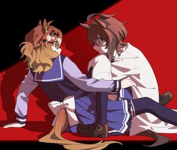 2girls agnes_tachyon_(umamusume) ahoge animal_ears black_background bow brown_eyes brown_hair brown_shoes coat commentary_request doggwa dress frilled_skirt frills from_side full_body hair_ornament hairpin highres horse_ears horse_girl horse_tail jungle_pocket_(umamusume) lab_coat loafers long_sleeves looking_at_another medium_hair multicolored_hair multiple_girls purple_dress purple_sailor_collar purple_thighhighs red_background sailor_collar sailor_dress school_uniform shadow shoes skirt sleeves_past_fingers sleeves_past_wrists smile straddling streaked_hair sweatdrop tail tail_bow tail_ornament thighhighs tracen_school_uniform umamusume white_bow white_coat white_hair yuri