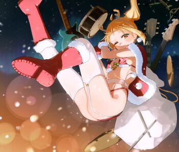 1girl absurdres bikini blonde_hair bocchi_the_rock! boots breasts brown_eyes commentary_request eltir falling highres ijichi_nijika korean_commentary long_hair one_eye_closed santa_bikini santa_costume skindentation small_breasts solo swimsuit thighhighs white_thighhighs