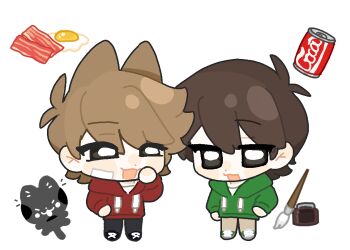 Rule 34 | 2boys, :3, :d, animification, antenna hair, bacon, bandage on cheek, black pants, black shoes, bright pupils, brown hair, brown pants, can, cat, chibi, chibi only, chinese commentary, cola, commentary request, drawstring, drink can, edd (eddsworld), eddsworld, eye contact, flipped hair, food, fried egg, full body, green hoodie, green shoes, grey eyes, hair behind ear, hair ears, hand up, hood, hood down, hoodie, jing239185, jitome, long sleeves, looking at another, male focus, multiple boys, open mouth, paintbrush, pants, red hoodie, ringo (eddsworld), shoes, short hair, simple background, smile, sneakers, swept bangs, tord (eddsworld), white background, white pupils