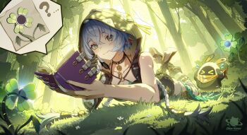 1girl animal_ears bangboo_(zenless_zone_zero) bare_shoulders blue_hair book braid breasts clear_water cleavage goat_ears goat_girl hair_between_eyes highres holding holding_book hood horns looking_at_viewer lucia_elowen lying on_grass open_mouth outdoors plant pointy_ears short_hair smile solo speech_bubble thought_bubble tree yellow_eyes zenless_zone_zero
