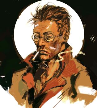 Rule 34 | 1boy, bandage on cheek, black hair, bomber jacket, cigarette, closed mouth, disco elysium, frown, hair slicked back, hashtag-only commentary, highres, jacket, kim kitsuragi, lapels, looking to the side, male focus, orange jacket, popped collar, portrait, sideways glance, slaughtersafe, smoke, smoke trail, smoking, solo, upper body