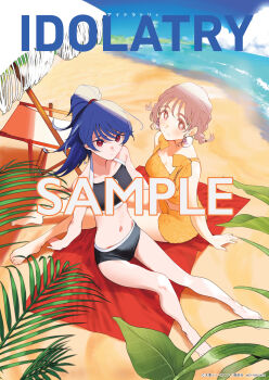 Rule 34 | 2girls, barefoot, beach, beach towel, bikini, bikini shorts, black bikini, blue hair, blue sky, braid, brown hair, chair, closed mouth, cloud, commentary request, copyright name, copyright notice, day, earrings, expressionless, full body, harumi junna, highres, homare (homaredai), hoop earrings, idolatry, jewelry, looking at viewer, lounge chair, low twin braids, medium hair, multiple girls, navel, official art, outdoors, red eyes, sample watermark, shorts, sitting, sky, smile, stomach, swimsuit, towel, tsukishiro fuwari, twin braids, watermark, yellow bikini