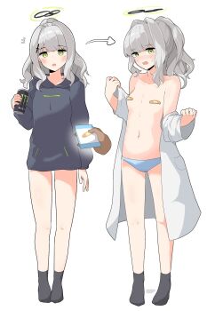 1girl ankle_socks arrow_(symbol) bandaid bandaids_on_nipples black_halo black_hoodie black_socks blue_archive blue_panties blush breasts can coat collarbone commentary_request cross_hair_ornament drink_can embarrassed green_eyes green_halo grey_hair hair_between_eyes hair_intakes hair_ornament halo hare_(blue_archive) highres holding holding_can hood hood_down hoodie lab_coat long_hair long_sleeves looking_at_viewer monster_energy multiple_views mureniii navel off_shoulder open_clothes open_coat open_mouth panties pasties ponytail simple_background small_breasts socks stomach underwear white_background white_coat