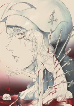 armor berserk blood blue_eyes chinese_commentary closed_mouth commentary_request completely_nude cuts extra_hands eyelashes femto_(berserk) griffith_(berserk) hair_behind_ear hand_on_another&#039;s_thigh helm helmet highres holding holding_jewelry holding_necklace impaled injury jewelry long_hair looking_ahead looking_at_another male_focus moxom multiple_views necklace nude outstretched_arm profile red_eyes skull sword weapon wide-eyed