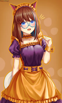 Rule 34 | 1girl, absurdres, alternate costume, animal ears, apron, arm behind back, blue-framed eyewear, blue eyes, blue hair, blush, breasts, brown hair, cat ears, choker, collarbone, dress, fang, frilled choker, frills, glasses, hand up, headdress, highres, holding, holding plate, holding tray, long hair, looking at viewer, lori hagami, maid, maid headdress, medium breasts, multicolored hair, notice lines, open mouth, original, plate, puffy short sleeves, puffy sleeves, purple dress, round eyewear, short sleeves, skin fang, smile, solo, streaked hair, tray, two-tone hair, waist apron, waitress, watermark, web address, wrist cuffs