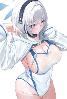 1girl absurdres blue_archive blue_halo breasts cleavage commentary_request grey_pupils halo headphones highres hooded_shrug large_breasts looking_at_viewer metaru856 multicolored_one-piece_swimsuit one-piece_swimsuit round_eyewear short_white-haired_odyssey_student_(blue_archive) shrug_(clothing) sideboob solo swimsuit white_background white_one-piece_swimsuit white_shrug