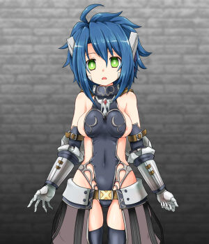 1girl ahoge android areola_slip arm_guards bare_shoulders belt black_choker black_leotard black_thighhighs blue_hair breasts brown_shorts choker clothing_cutout emil_chronicle_online empty_eyes expressionless green_eyes highres huyusilver leotard lili_(eco) medium_breasts open_mouth robot_ears shorts side_slit sideboob solo spiked_hair thigh_cutout thighhighs
