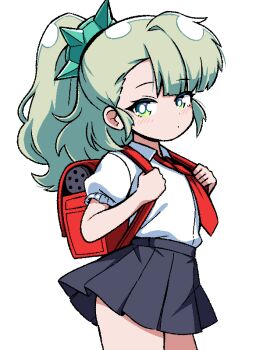Rule 34 | 1girl, alternate costume, asymmetrical bangs, backpack, bag, black skirt, closed mouth, commentary, cowboy shot, dot mouth, expressionless, green eyes, green hair, ink (inksgirls), light blush, long hair, looking at viewer, miniskirt, necktie, ponytail, randoseru, red bag, red necktie, school uniform, shirt, simple background, skirt, solo, sunna (zenless zone zero), white background, white shirt, zenless zone zero
