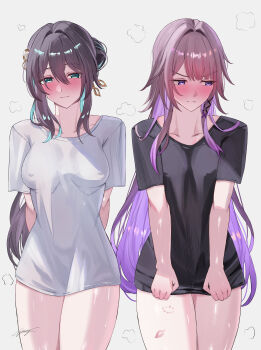 Rule 34 | 2girls, absurdres, aqua eyes, aqua hair, bite mark on leg, black hair, black shirt, blush, breasts, brown hair, colored inner hair, commentary request, covered erect nipples, herta (honkai: star rail), highres, honkai: star rail, honkai (series), implied yuri, large breasts, lipstick mark, lipstick mark on leg, looking at viewer, looking to the side, medium breasts, miya-chan (lightning0730), multicolored hair, multiple girls, no pants, purple eyes, purple hair, ruan mei (honkai: star rail), shirt, simple background, smile, the herta (honkai: star rail), thighs, two-tone hair, white background, white shirt