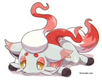 Rule 34 | animal focus, bright pupils, commentary request, fox, half-closed eyes, highres, hisuian zorua, lying, nintendo, no humans, pink hair, pokemon, pokemon (creature), pokemon focus, rorosuke, shadow, solo, twitter username, white hair, white pupils, yellow eyes