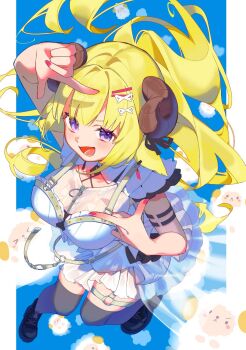 Rule 34 | 1girl, :d, animal ears, arm strap, black boots, black socks, blonde hair, boots, breasts, commentary request, dress, finger frame, hair ornament, hairclip, highres, hololive, horns, kneehighs, large breasts, long hair, looking at viewer, nail polish, o-ring, o-ring thigh strap, open mouth, overskirt, pink nails, purple eyes, see-through clothes, sheep, sheep ears, sheep girl, sheep horns, smile, socks, solo, thigh strap, tsunomaki watame, tsunomaki watame (watame night fever!!), virtual youtuber, watamate, white dress, ya enami