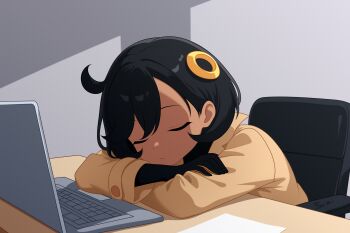 1girl black_hair brown_jacket chair closed_eyes computer desk emma_(pokemon) highres jacket laptop nintendo office_chair pokemon pokemon_legends:_z-a short_hair sleeping sleeping_on_desk sleeping_upright solo su1zide swivel_chair