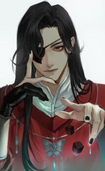 1boy absurdres asymmetrical_bangs black_gloves black_hair black_nails blurry closed_mouth clothing_request curtained_hair depth_of_field dice eyepatch fingernails gloves hands_up highres hua_cheng long_hair looking_at_viewer male_focus nail_polish necklace parted_bangs partially_fingerless_gloves red_eyes silver_necklace simple_background slit_pupils solo suhsuh tianguan_cifu upper_body white_background