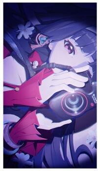 1girl absurdres astra_yao black_hair bracelet camera collarbone commentary_request cropped dark_background earrings flower hairband highres holding holding_camera hy_jinx jacket jewelry long_hair looking_at_viewer mole necklace one_eye_covered pearl_necklace portrait purple_eyes red_jacket red_shrug shrug_(clothing) sideways solo uneven_bangs white_flower white_hairband zenless_zone_zero