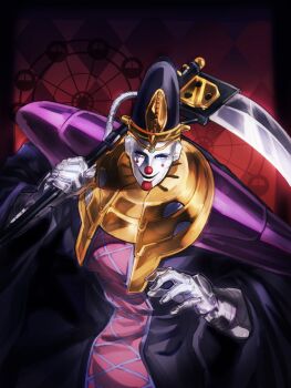 1other armor clown clown_nose commentary death_13 ferris_wheel hat highres holding holding_scythe isano08 jojo_no_kimyou_na_bouken mask scythe smile solo stand_(jojo) stardust_crusaders