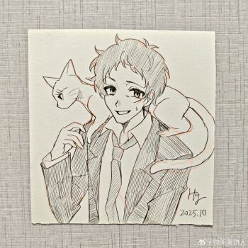 Rule 34 | 1boy, absurdres, adachi tooru, animal, animal on shoulder, animalization, bisho imobing hito, cat, cat on shoulder, chinese commentary, collared shirt, commentary request, dated, greyscale, highres, jacket, male focus, monochrome, narukami yu, necktie, persona, persona 4, photo (medium), shirt, short hair, signature, solo, traditional media