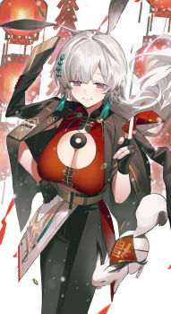 Rule 34 | 1girl, :>, absurdres, airseal, animal ears, arknights, between fingers, black gloves, black jacket, black pants, breasts, chinese commentary, cleavage, clothing cutout, coin, commentary request, cowboy shot, dao fu, fingerless gloves, firecrackers, gloves, good fortune symbol, hand up, highres, holding, holed coin, hongbao, jacket, jacket on shoulders, lantern, large breasts, long hair, pants, paper lantern, purple eyes, red shirt, shirt, solo, squirrel, squirrel ears, squirrel girl, squirrel tail, surfer (arknights), surfer (by the lamplight) (arknights), tail, white hair