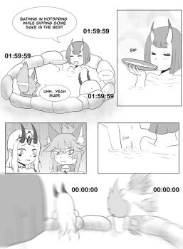 3girls alcohol bare_shoulders bathing blonde_hair bob_cut comic cup english_text fate/grand_order fate_(series) food highres holding holding_cup horns ibaraki_douji_(fate) multiple_girls onsen sake shared_bathing short_hair shuten_douji_(fate) smile tamamo_(fate) water