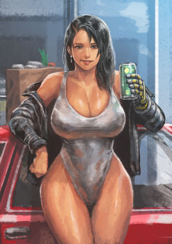 1girl absurdres black_jacket breasts can car cirenk curvy dark-skinned_female dark_skin drink feet_out_of_frame female_focus highleg highleg_leotard highres holding holding_can huge_breasts jacket jacket_on_shoulders leaning_on_object leotard looking_at_viewer mole mole_under_eye motor_vehicle original prosthesis prosthetic_arm red_car smile solo thick_thighs thighs white_leotard wide_hips