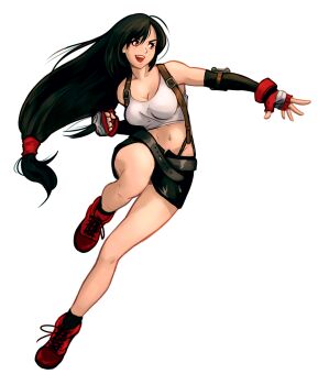 1girl artist_request bandages belt black_hair breasts fighting_stance final_fantasy fingerless_gloves floating_hair full_body gloves large_breasts long_hair navel open_mouth red_eyes shirt shoes shorts smile suspenders tifa_lockhart transparent_background