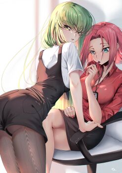 2girls absurdres artist_name ass black_skirt blouse blue_eyes breasts budgiepon c.c. chair cleavage code_geass crossed_legs green_hair highres kouzuki_kallen long_hair looking_at_viewer looking_down medium_hair multiple_girls name_tag office_chair office_lady pantyhose parted_bangs pen_in_mouth pencil_skirt red_hair shiny_skin shirt sitting skirt swivel_chair yellow_eyes