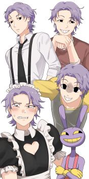 1boy absurdres alternate_costume apron black_eyes black_necktie clothing_cutout colored_sclera crispinfairlie crossdressing enmaided gloves heart_cutout highres humanization jax_(the_amazing_digital_circus) maid maid_apron maid_headdress necktie overalls pink_overalls purple_hair rabbit_boy simple_background smile solo suspenders the_amazing_digital_circus white_apron white_background yellow_gloves yellow_sclera