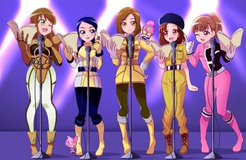 6+girls absurdres animification arm_up armor armored_bodysuit battle_fever_j belt beret black_pantyhose blue_eyes blue_hair blunt_bangs bodysuit boots brown_hair candy chibi chibi_on_shoulder chocolate chocolate_bar contrapposto dekapink food gloves gokai_yellow gold_armor green_eyes hand_on_own_hip hat hayase_kyouko highres index_finger_raised kaizoku_sentai_gokaiger kikai_sentai_zenkaiger kodou_koume kyuukyuu_sentai_gogofive long_hair luka_millfy magine microphone microphone_stand military_uniform multicolored_bodysuit multiple_girls nakahara_keiko necktie one_eye_closed open_mouth pantyhose pink_bodysuit pink_boots pink_eyes ponytail raptor_283 script short_hair short_sleeves side-by-side smile super_sentai tirofinire tokumei_sentai_go-busters tokusatsu tokusou_sentai_dekaranger two-tone_bodysuit uchuu_sentai_kyuuranger usami_youko voice_actor_connection washi_pink white_gloves white_pantyhose yellow_bodysuit yellow_boots yellow_buster yellow_eyes yellow_gloves zeek-jeanne