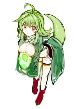 1girl boots breasts curly_hair dress egg fuepo green_hair highres holding looking_at_viewer mario_(series) nintendo red_eyes shoes short_hair simple_background smile solo yoshi yoshi_egg