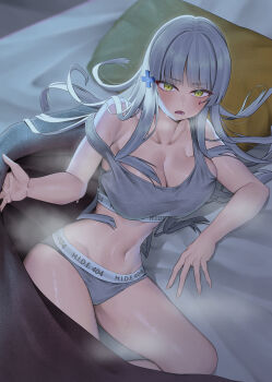 1girl absurdres alternate_costume blanket blush breasts cleavage collarbone commentary_request cross_hair_ornament facial_mark girls'_frontline girls'_frontline_2:_exilium green_eyes grey_panties grey_sports_bra hair_ornament heavy_breathing highres hk416_(girls'_frontline) klukai_(girls'_frontline_2) large_breasts long_hair looking_at_viewer moriyama_a navel on_bed open_mouth panties pillow shiny_skin solo sports_bra steaming_body sweat tattoo teardrop_facial_mark teardrop_tattoo underwear white_hair