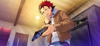 1boy black_hair brown_jacket ceiling_light cellphone earrings ensemble_stars! fingernails game_cg green_eyes hand_up happy_elements himitsu_no_housekishou_(ensemble_stars!) hood hood_down hoodie jacket jacket_over_hoodie jewelry kiryu_kuro long_sleeves male_focus multicolored_hair nervous_sweating official_art open_clothes open_jacket open_mouth phone piercing red_hair sakuma_ritsu short_hair smartphone solo streaked_hair stud_earrings sweat teeth third-party_source two-tone_hair upper_body white_hoodie zipper_pull_tab