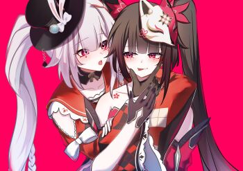2girls absurdres black_gloves black_hat bow brown_hair collarbone commentary_request dual_persona facial_mark flower_tattoo fox_mask frilled_sailor_collar frilled_sleeves frills gloves hat hat_ornament highres honkai:_star_rail honkai_(series) hug hug_from_behind japanese_clothes kimono long_hair long_sleeves looking_at_another mask mask_on_head memeiradesuyo mini_hat mini_top_hat multiple_girls official_alternate_costume open_mouth pink_eyes rabbit_hat_ornament red_background red_kimono red_sailor_collar sailor_collar shoulder_tattoo sideways_glance simple_background sleeve_bow sparkle_(honkai:_star_rail) sparxie_(honkai:_star_rail) tattoo tongue tongue_out top_hat twintails upper_body white_bow white_hair wide_sleeves