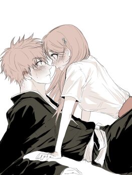 1boy 1girl belt black_kimono bleach blush breasts brown_hair commentary_request girl_on_top hair_between_eyes hair_ornament hetero highres inoue_orihime japanese_clothes kimono korean_commentary kurosaki_ichigo long_hair looking_at_another medium_breasts nicknick84779 shihakusho shirt shirt_tucked_in short_hair short_sleeves sketch snowflake_hair_ornament sweatdrop upper_body white_background white_belt white_shirt wide-eyed