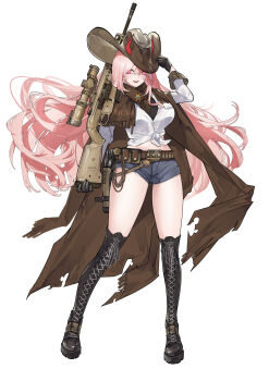 1girl absurdres alternate_costume belt black_boots black_gloves boots breasts brown_belt brown_cape brown_hat cape clothes_writing cowboy_hat cowboy_western demon_horns full_body girls&#039;_frontline gloves grey_shorts gun handgun hat hat_tip highres holster horns knee_boots lace-up_boots large_breasts liu_zhao micro_shorts mole mole_under_eye open_mouth pink_eyes pink_hair revolver rifle scope sheriff_badge shirt shorts sig_mcx sig_mcx_(girls&#039;_frontline) sig_sauer simple_background solo tied_shirt weapon white_background white_shirt