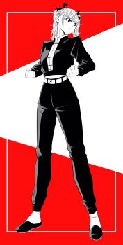 1girl belt chinese_clothes clenched_hands commentary_request cropped_jacket frown full_body greyscale_with_colored_background high-waist_pants highres lee_(dragon_garou) looking_to_the_side original pants red_background serious solo tangzhuang twintails v-shaped_eyebrows