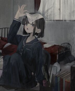 1girl absurdres arm_up bed bedroom black_eyes black_pajamas book bright_pupils commentary eliot_(eokaitekaite969) full_body highres indoors knees_up long_sleeves looking_at_viewer original pajamas paper_on_head pen pencil sitting solo white_pupils window