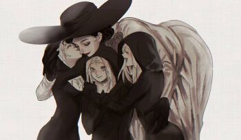 4girls ^_^ ^o^ alcina_dimitrescu bela_dimitrescu cassandra_dimitrescu closed_eyes daniela_dimitrescu dress earrings family_bonding hat hjoe8 hood hood_up hug jewelry kiss kissing_cheek mature_female mother_and_daughter multiple_girls resident_evil resident_evil_village siblings sisters smile