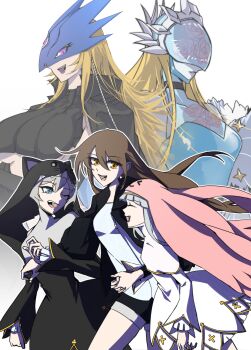 Rule 34 | absurdres, beelstarmon, black jacket, black mask, blonde hair, breasts, cendrillmon, covered eyes, digimon, digimon (creature), eye mask, helmet, helmet over eyes, highres, jacket, jiyuuya, large breasts, long hair, mask, open mouth, simple background, sistermon blanc, sistermon noir, smile, teeth, third eye, underboob, upper body, white background, wings