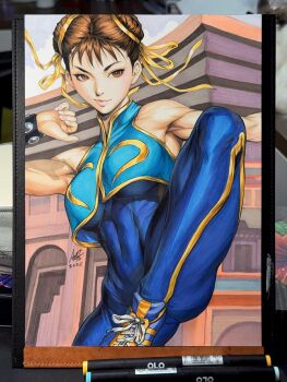 1girl bare_shoulders blue_bodysuit blue_shoes blue_theme blue_unitard bodysuit bracelet breasts brown_eyes brown_hair building capcom chinese_clothes chun-li covered_navel double_bun earrings fighting_stance hair_bun hair_ribbon highres jewelry looking_at_viewer medium_breasts multicolored_shoes ribbon shoes solo standing standing_on_one_leg stanley_lau street_fighter street_fighter_zero_(series) sweat toned toned_female two-tone_shoes unitard